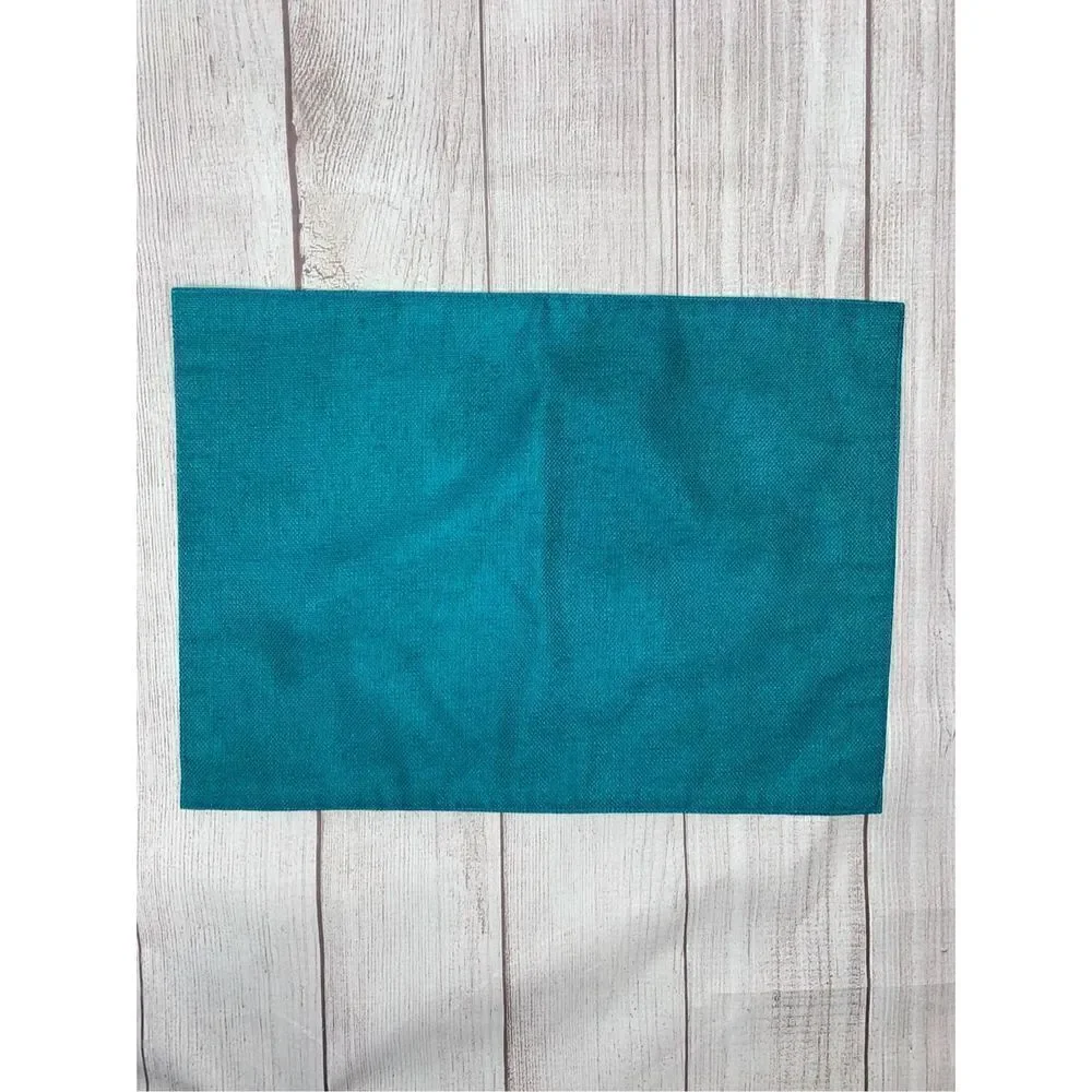 Floral print table cloth, napkins, napkin rings, 2 solid teal placemats